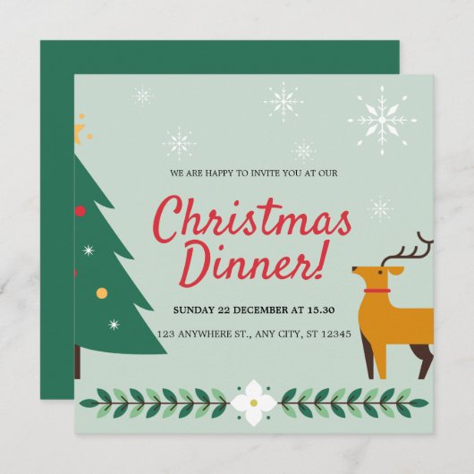 Blauw Groen Folk Illustratie Kerstdiner Kaart (Voorkant / Achterkant)