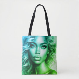 Blauw + Groen Foto van een vrouw op herbruikbare b Tote Bag