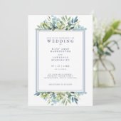 Blauw groen gebladerte bruiloft uitnodiging (Staand voorkant)