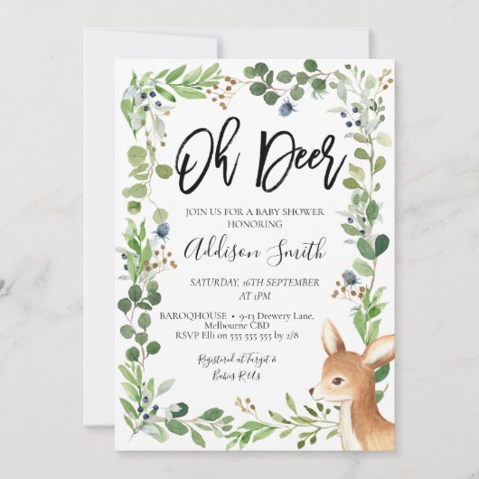 Blauw groen gebladerte Oh Deer Baby shower Invitat Kaart (Voorkant)