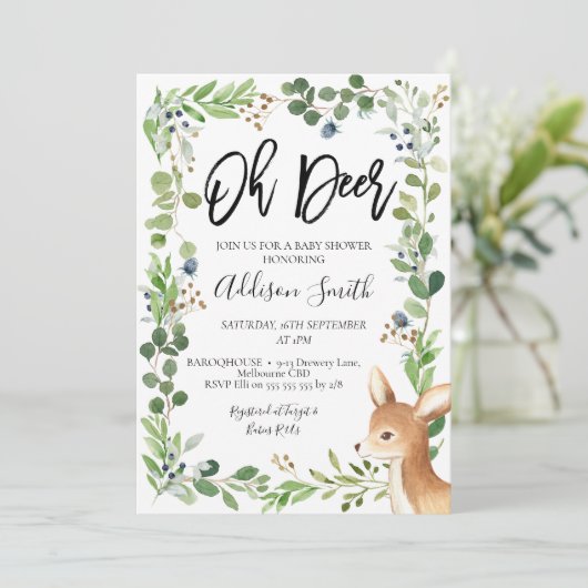Blauw groen gebladerte Oh Deer Baby shower Invitat Kaart (Staand voorkant)