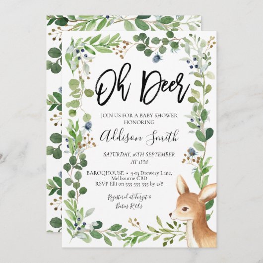 Blauw groen gebladerte Oh Deer Baby shower Invitat Kaart (Voorkant / Achterkant)