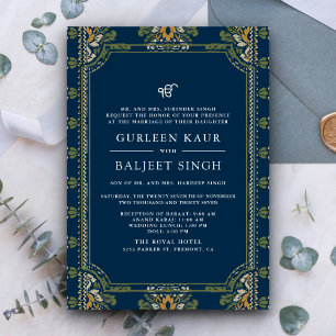 Blauw Groen Geel Ikat Anand Karaj Sikh bruiloft Kaart