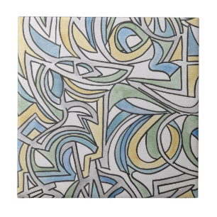 Blauw Groen Geel Lattice-Handgeschilderde Abstract Tegeltje