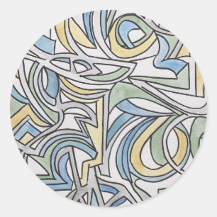 Blauw Groen Geel Lattice-Watercolor Kunst Ronde Sticker
