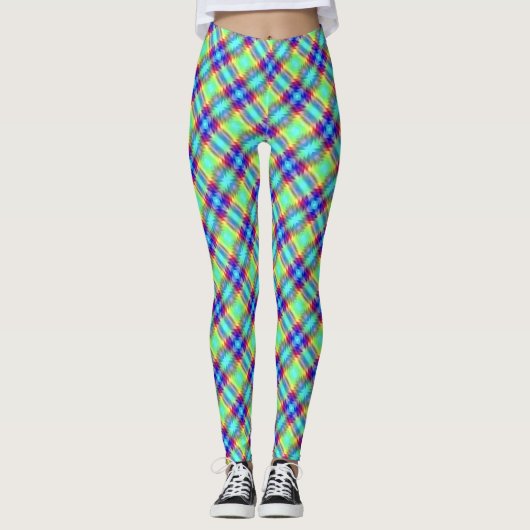 Blauw Groen Geel Paarse Lint Plaid Leggings (Voorkant)