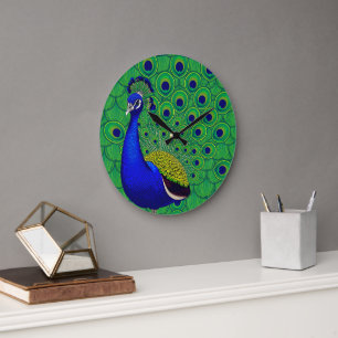 Blauw- groen geel pauw Behang Grote Klok