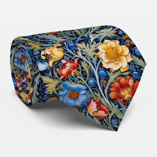 Blauw Groen Geel Rood Bloemen William Morris Sty Stropdas (Opgerold)