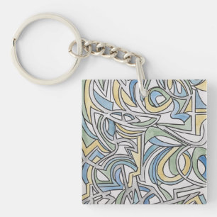 Blauw Groen Geel Rooster-Waterverf Kunst Sleutelhanger