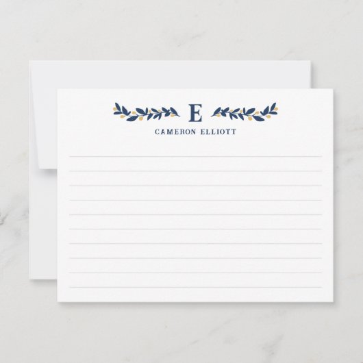 Blauw groen Gele Bessen Monogram Gevoerde Notitiekaartje (Voorkant)