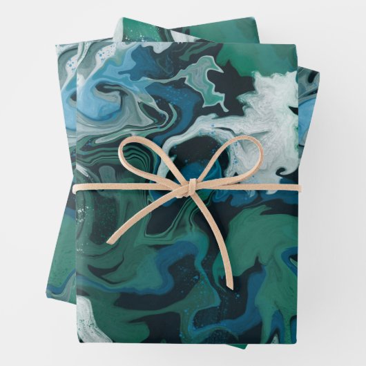 Blauw Groen Gemarmerde Brushstrokes Handgemaakte K Inpakpapier Vel (In situ)