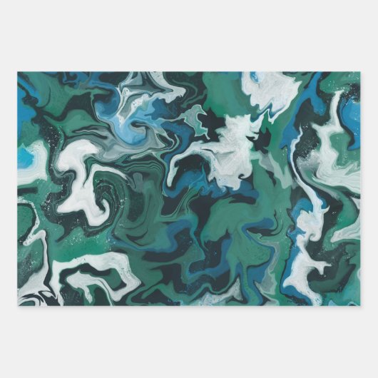 Blauw Groen Gemarmerde Brushstrokes Handgemaakte K Inpakpapier Vel (Voorkant)