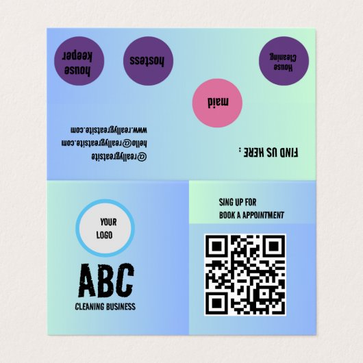 Blauw Groen Gemengde Schoonmakende Diensten QR Cod Visitekaartje (Buitenkant ongevouwen)