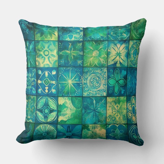  blauw groen geometrisch mozaïek kussen (Voorkant)