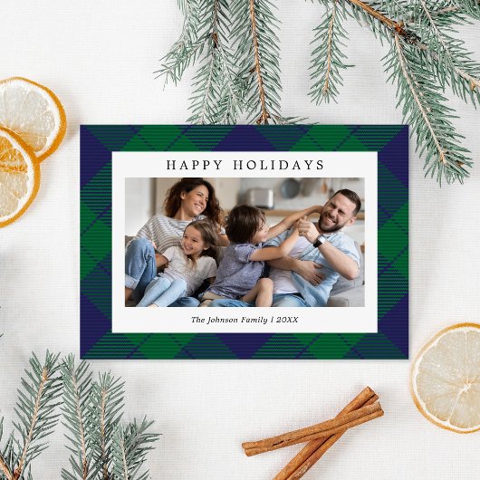 Blauw Groen Geruit Foto Kerstmis Feestdagenkaart