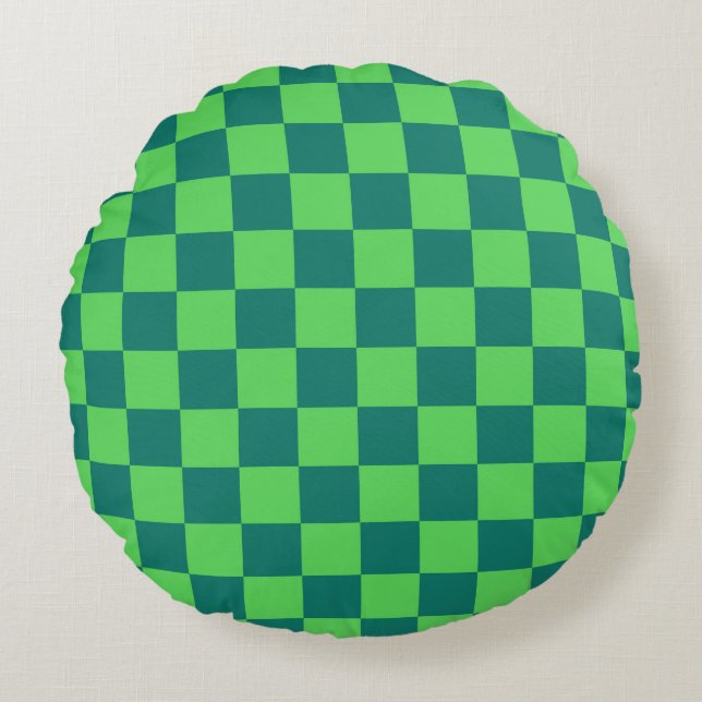 Blauw groen geruit gingham patroon rond kussen (Voorkant)