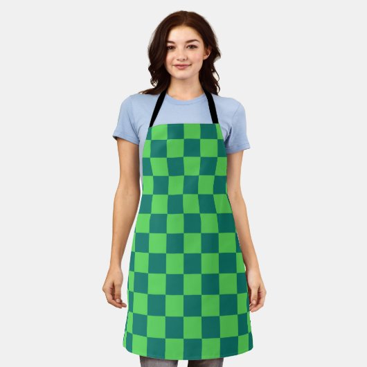 Blauw groen geruit gingham patroon schort (Gedragen)
