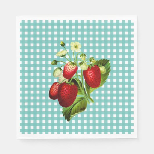 Blauw groen gingham en aardbeien Luncheon Paper Servet (Voorkant)