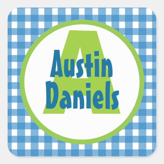 Blauw Groen Gingham Monogram Gepersonaliseerde Sti Vierkante Sticker (Voorkant)