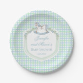 Blauw groen gingham schommelpaard baby boy douche papieren bordje (Voorkant)