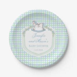 Blauw groen gingham schommelpaard baby boy douche papieren bordje