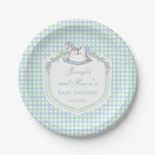 Blauw groen gingham schommelpaard baby boy douche papieren bordje (Voorkant)