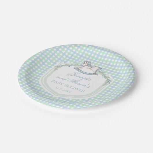 Blauw groen gingham schommelpaard baby boy douche papieren bordje (Gekanteld)