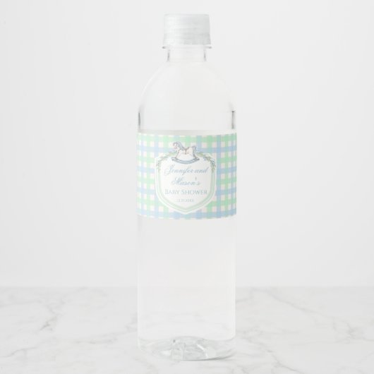 Blauw groen gingham schommelpaard baby boy douche waterfles etiket (Voorkant)