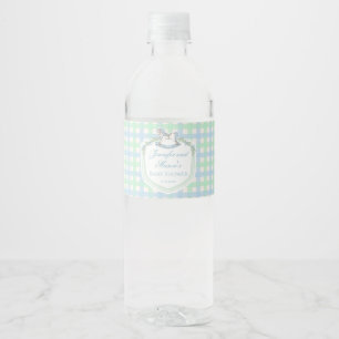Blauw groen gingham schommelpaard baby jongen show waterfles etiket
