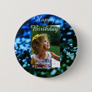 Blauw groen glitter foto kinderen verjaardag moder ronde button 5,7 cm