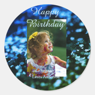 Blauw groen glitter foto kinderen verjaardag moder ronde sticker