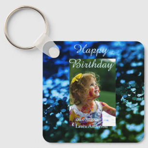 Blauw groen glitter foto kinderen verjaardag moder sleutelhanger