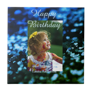 Blauw groen glitter foto kinderen verjaardag moder tegeltje