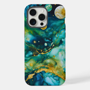 Blauw Groen Goud Alcohol Ink Kosmos iPhone 15 Pro Max Case