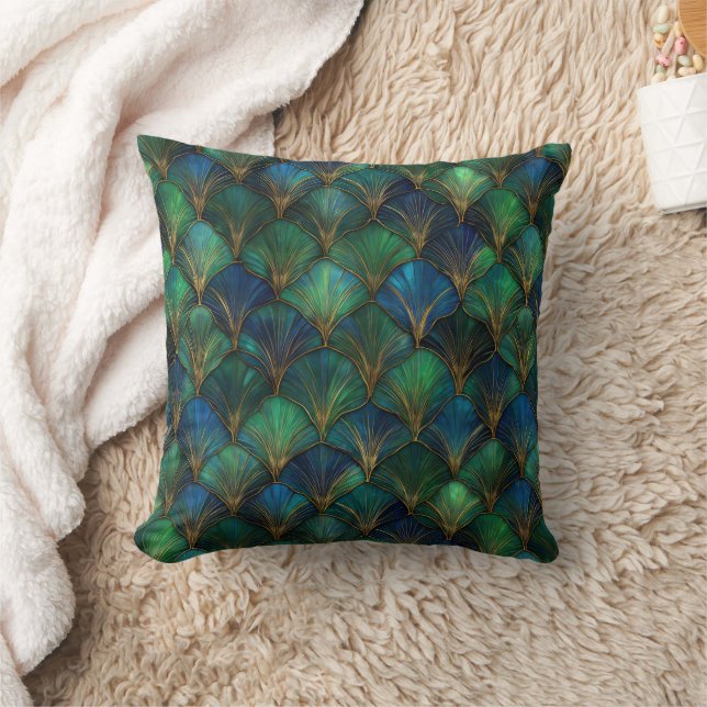 Blauw Groen Goud Art Deco Geometrisch Ontwerp Kussen (Deken)