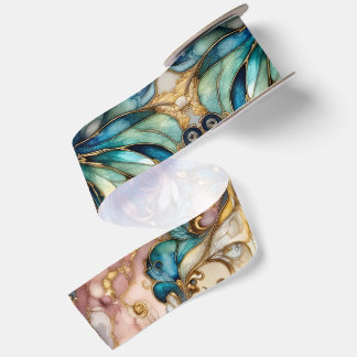 Blauw Groen Goud Bladerrijk Tuin Floral Paisley Mo Satijnen Lint