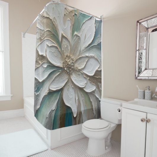 Blauw Groen Goud en Wit Abstract Bloem Douchegordijn (In situ)