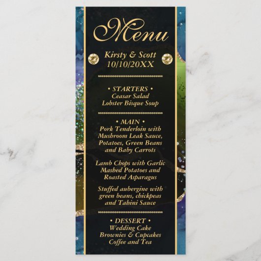 Blauw Groen Goud Glitter Agate Bruiloft Menu (Voorkant)