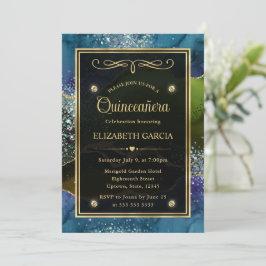 Blauw, Groen & Goud Glitter Agate Quinceanera Kaart