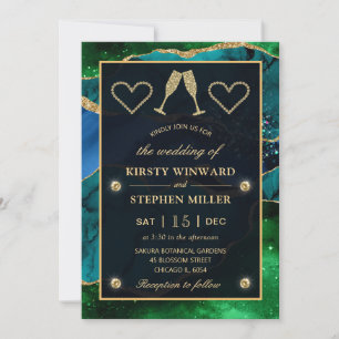 Blauw & Groen & Goud Glitter Pauw Agate Huwelijk Kaart