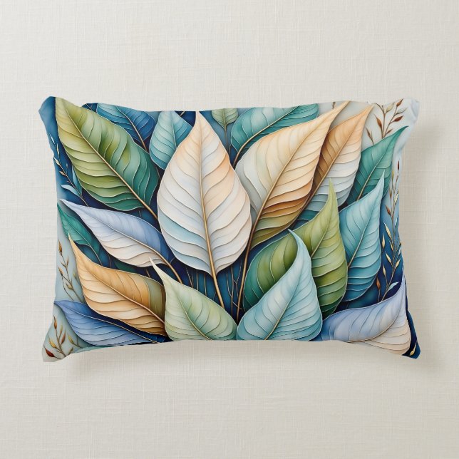 Blauw Groen goud latte Bladeren Accent Kussen (Voorkant)