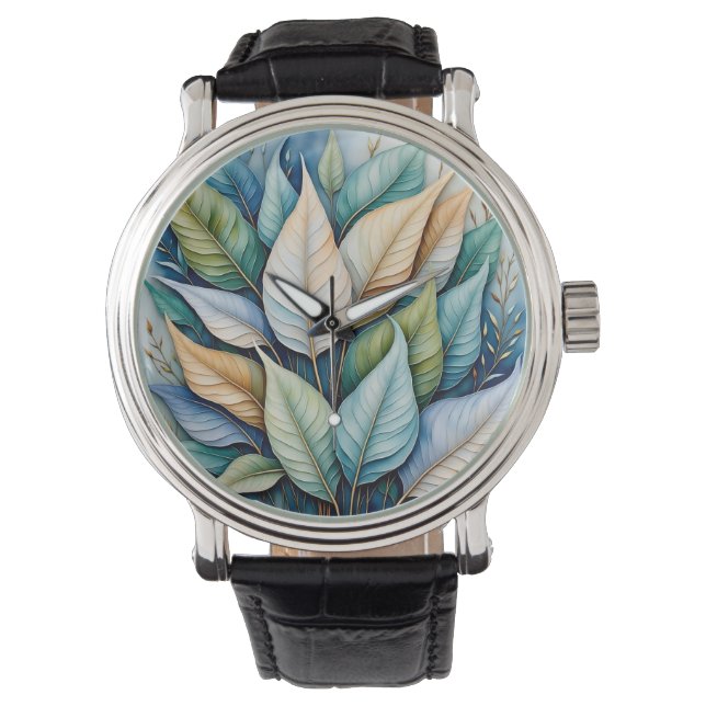 Blauw Groen goud latte Bladeren Horloge (Voorkant)