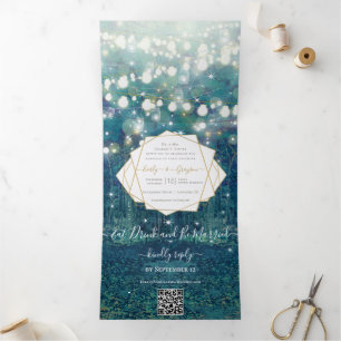 Blauw Groen Goud Rustieke Chic Bos Bruiloft Drieluik Uitnodiging