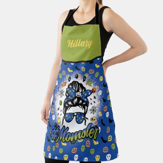 Blauw Groen Grappig Halloween Momster Schort (Insitu)