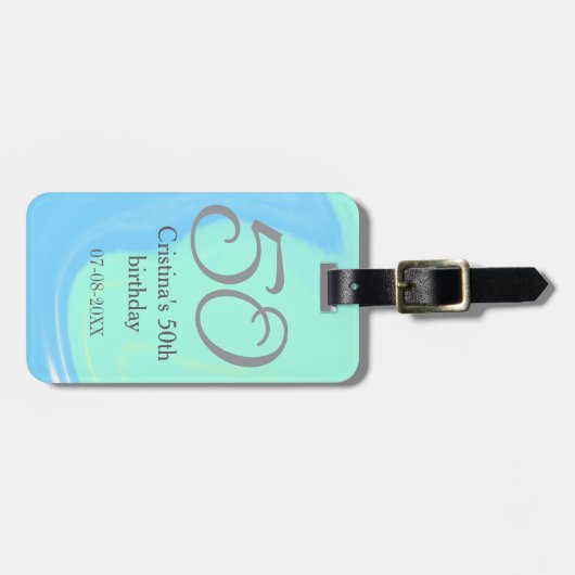 Blauw groen grijs 50ste verjaardag naam toevoegen  bagagelabel (Voorkant horizontaal)