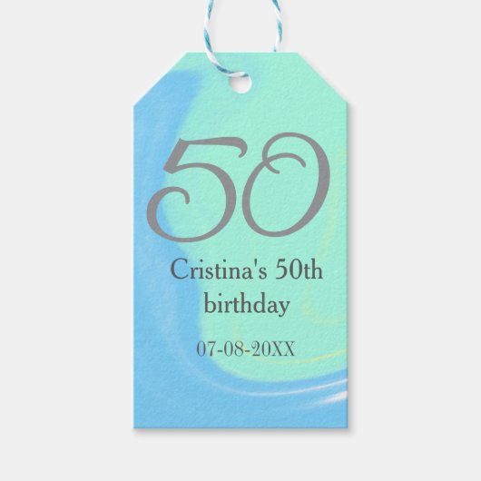 Blauw groen grijs 50ste verjaardag naam toevoegen  cadeaulabel (Voorkant)