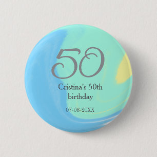 Blauw groen grijs 50ste verjaardag naam toevoegen ronde button 5,7 cm