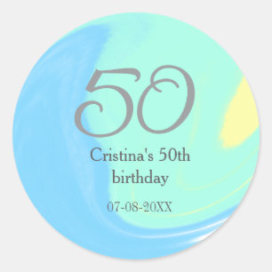Blauw groen grijs 50ste verjaardag naam toevoegen ronde sticker