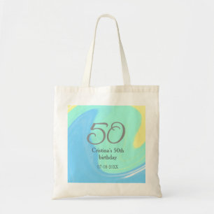 Blauw groen grijs 50ste verjaardag naam toevoegen tote bag