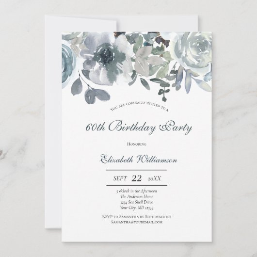 Blauw Groen Grijs Bloemen Waterverf Verjaardag voo Kaart (Voorkant)